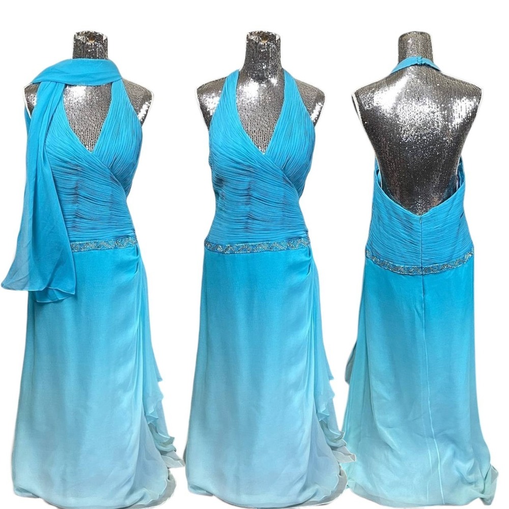 Marsoni 100% Silk Ombre Halter Maxi Gown Size 20 Aqua Blue Beaded Open Back